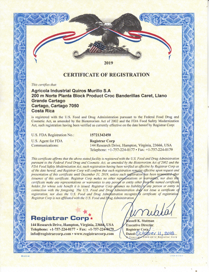 Food Facility Registration Number: 15721342450